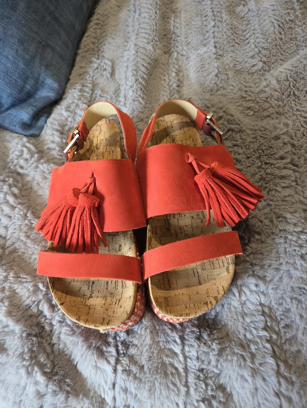 Orange Suede Tassel Cork Platform Sandals